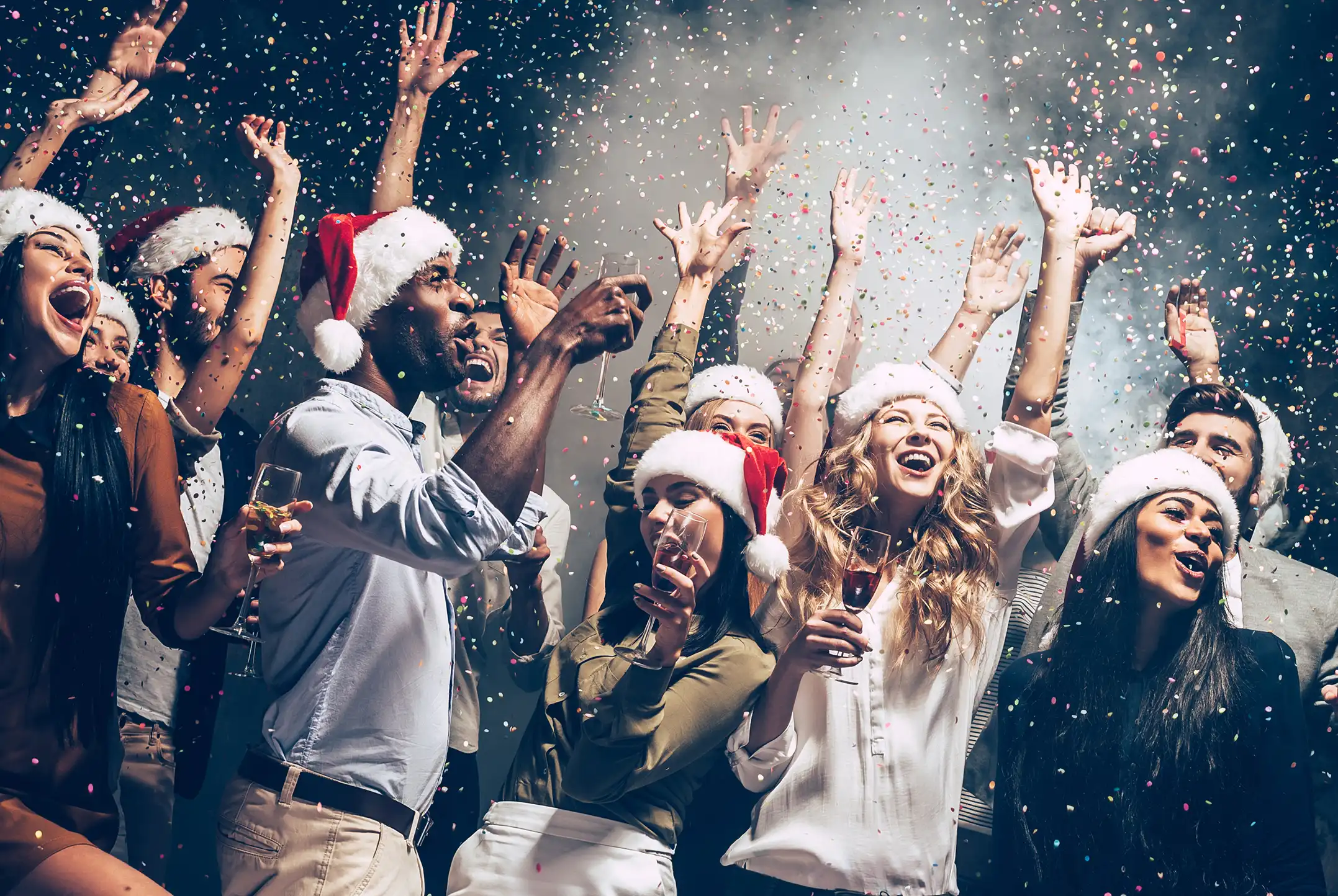 Christmas work party venue setup with festive decorations